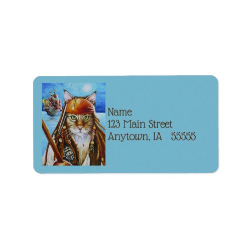 Maine Coon Pirate Cat Jack and Ship Watercolor Art Label