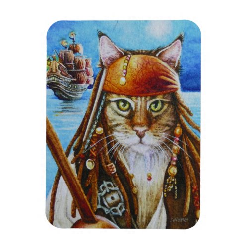 Maine Coon Pirate Cat Jack and Ship Watercolor Art Magnet