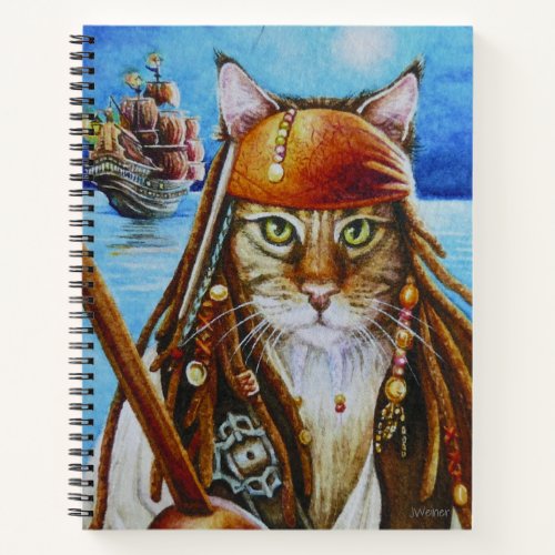 Maine Coon Pirate Cat Jack and Ship Watercolor Art Notebook