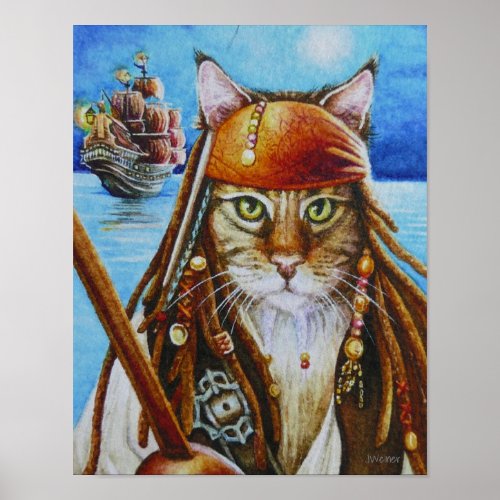 Maine Coon Pirate Cat Jack  Ship Watercolor 11x14 Poster