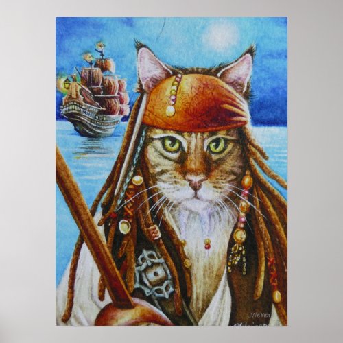 Maine Coon Pirate Cat Jack  Ship Watercolor 18x24 Poster