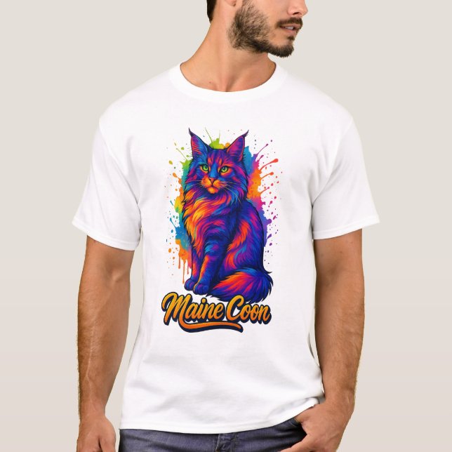 Maine Coon Pop Art Colorful Cat Illustration T-Shirt (Front)