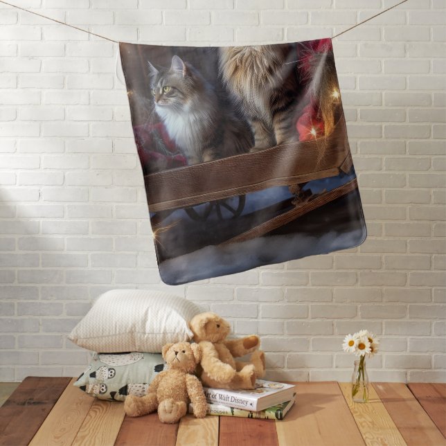 Maine Coon Snowy Sleigh Christmas Decor Baby Blanket (In Situ)