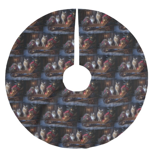 Maine Coon Snowy Sleigh Christmas Decor Brushed Polyester Tree Skirt (Front)