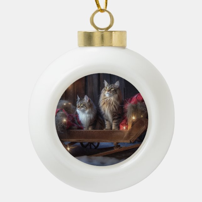 Maine Coon Snowy Sleigh Christmas Decor Ceramic Ball Christmas Ornament (Front)