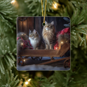 Maine Coon Snowy Sleigh Christmas Decor Ceramic Ornament