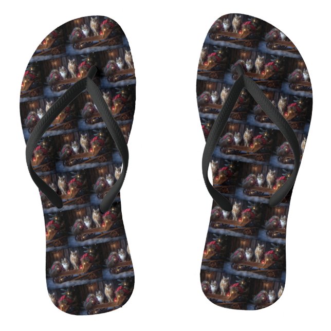 Maine Coon Snowy Sleigh Christmas Decor Flip Flops (Footbed)