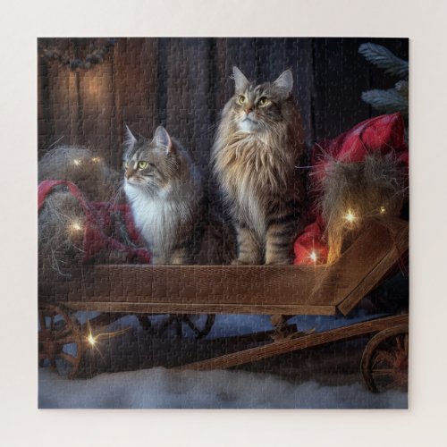 Maine Coon Snowy Sleigh Christmas Decor Jigsaw Puzzle