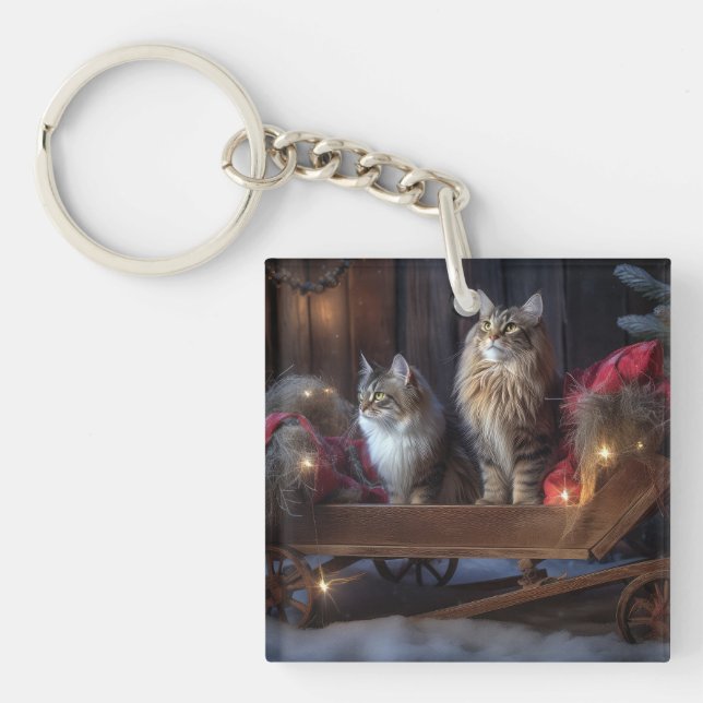 Maine Coon Snowy Sleigh Christmas Decor Keychain (Front)