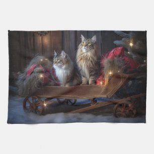 Maine Coon Snowy Sleigh Christmas Decor Kitchen Towel