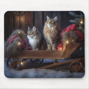 Maine Coon Snowy Sleigh Christmas Decor Mouse Pad