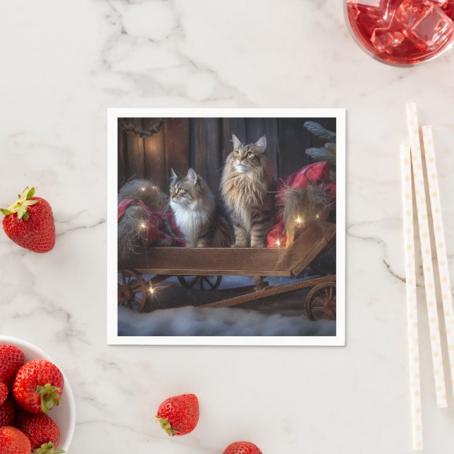 Maine Coon Snowy Sleigh Christmas Decor Napkins (Insitu)
