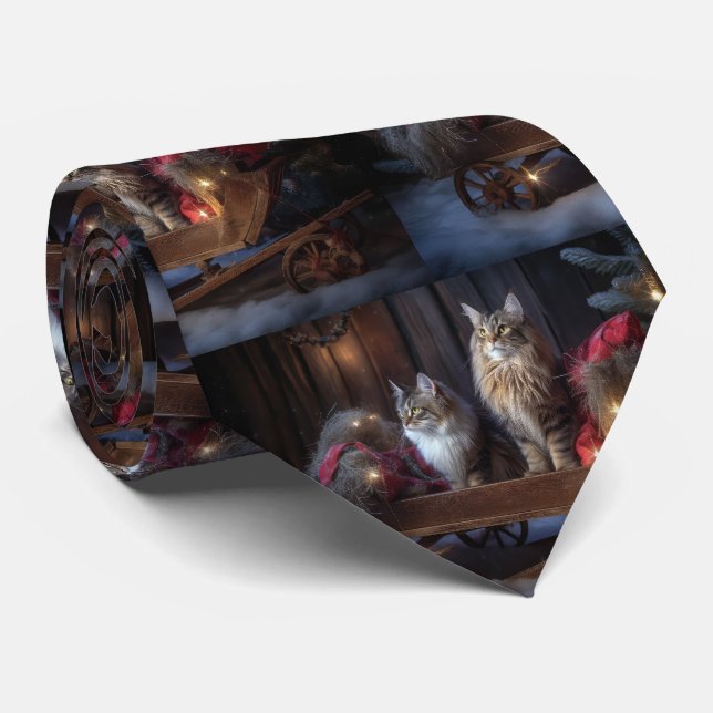 Maine Coon Snowy Sleigh Christmas Decor Neck Tie (Rolled)