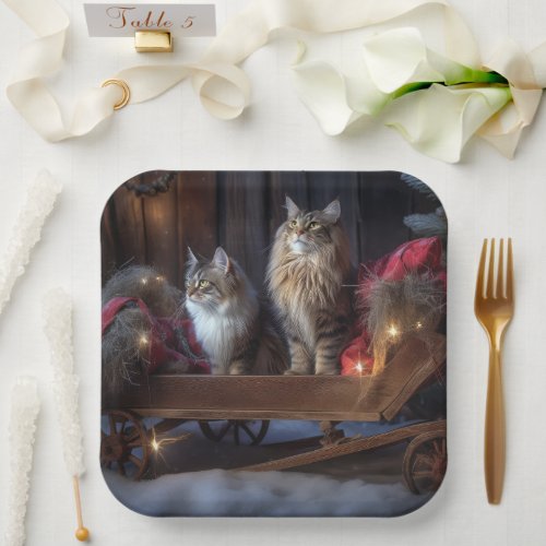 Maine Coon Snowy Sleigh Christmas Decor Paper Plates