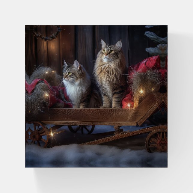 Maine Coon Snowy Sleigh Christmas Decor Paperweight (Front)
