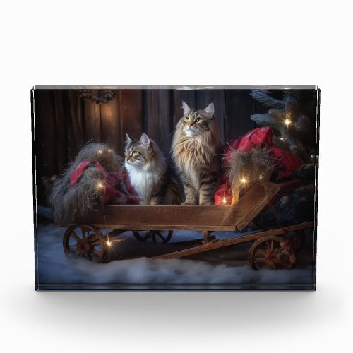 Maine Coon Snowy Sleigh Christmas Decor Photo Block