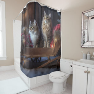 Maine Coon Snowy Sleigh Christmas Decor Shower Curtain