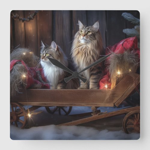 Maine Coon Snowy Sleigh Christmas Decor Square Wall Clock