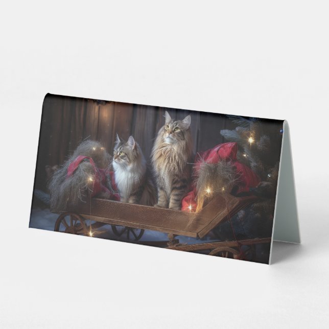 Maine Coon Snowy Sleigh Christmas Decor Table Tent (Front)