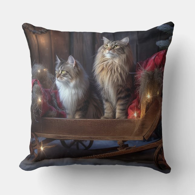 Maine Coon Snowy Sleigh Christmas Decor Throw Pillow (Front)
