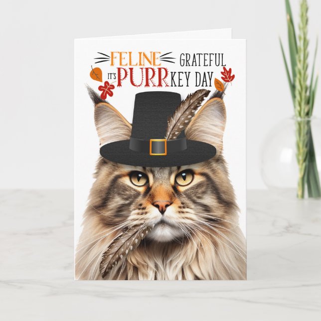 Maine Coon Tabby Cat Grateful for PURRkey Day Holiday Card (Front)