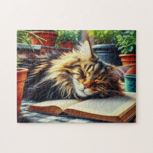 Maine Coon Tabby Cat Sleeping in a Garden Jigsaw Puzzle