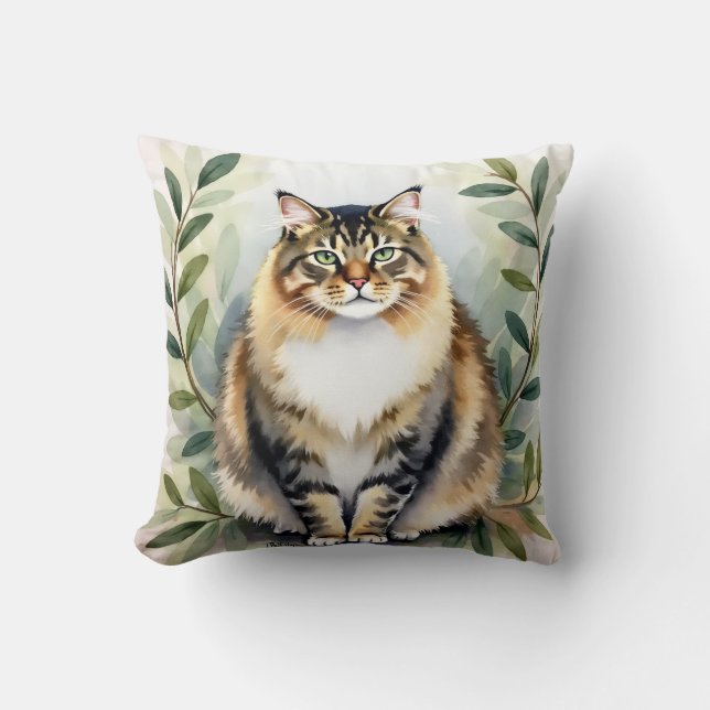 Maine Coon Watercolor Forest Layer Art Throw Pillow (Front)