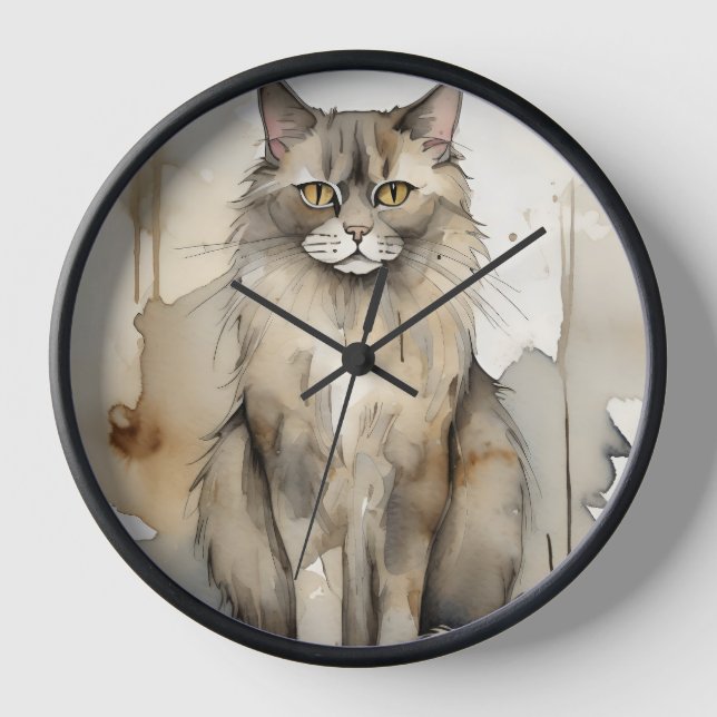 Maine Coon Watercolor Illustration Clock (Front)