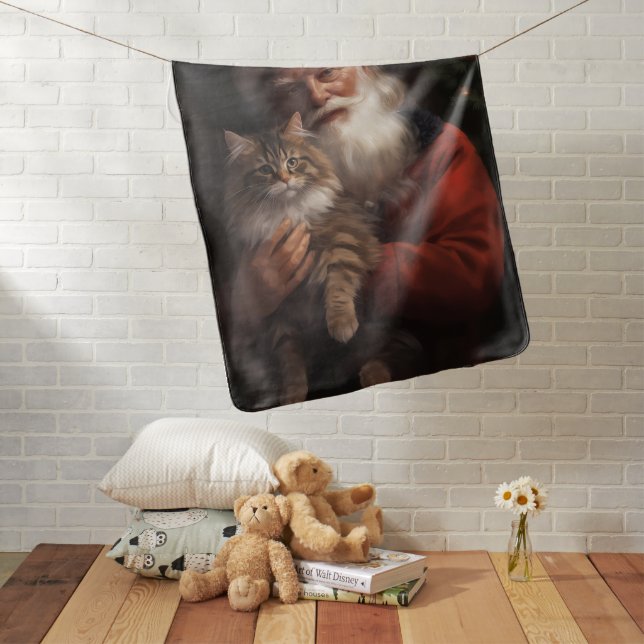 Maine Coon With Santa Claus Festive Christmas  Baby Blanket (In Situ)