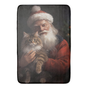Maine Coon With Santa Claus Festive Christmas Bath Mat