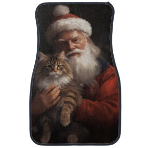 Maine Coon With Santa Claus Festive Christmas Car Floor Mat