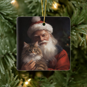 Maine Coon With Santa Claus Festive Christmas Ceramic Ornament