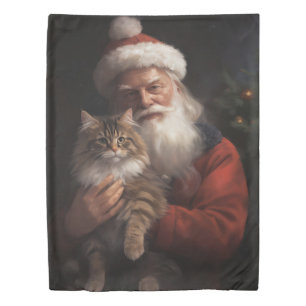 Maine Coon With Santa Claus Festive Christmas Duvet Cover