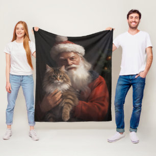 Maine Coon With Santa Claus Festive Christmas Fleece Blanket