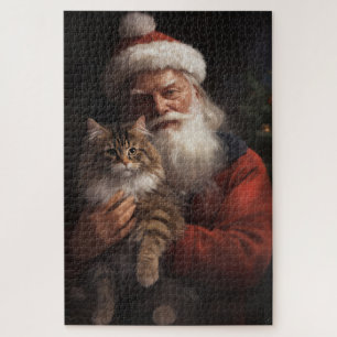 Maine Coon With Santa Claus Festive Christmas  Jigsaw Puzzle