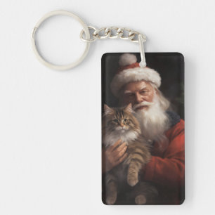 Maine Coon With Santa Claus Festive Christmas Keychain