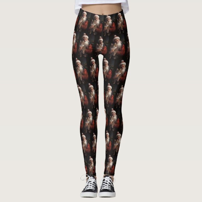 Maine Coon With Santa Claus Festive Christmas  Leggings (Front)