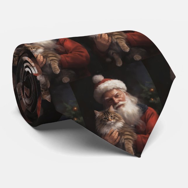 Maine Coon With Santa Claus Festive Christmas  Neck Tie (Rolled)