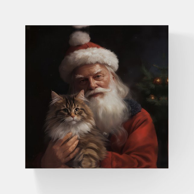 Maine Coon With Santa Claus Festive Christmas  Paperweight (Front)