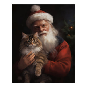 Maine Coon With Santa Claus Festive Christmas Poster