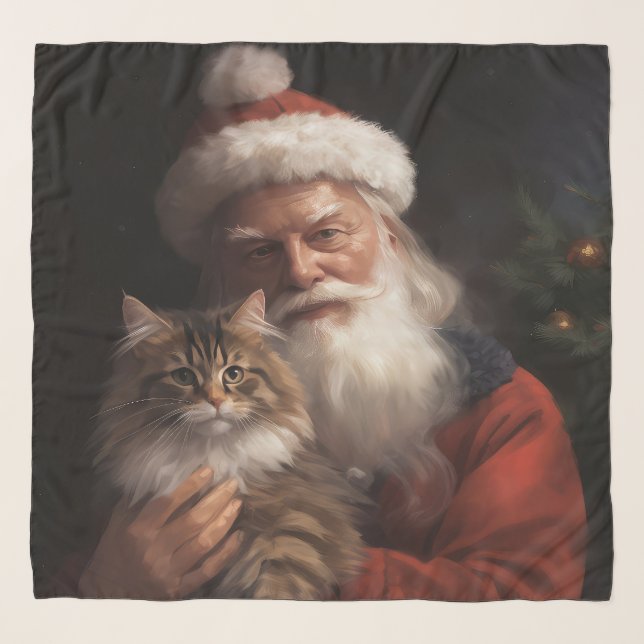 Maine Coon With Santa Claus Festive Christmas  Scarf (Front)