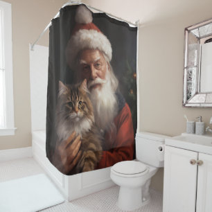 Maine Coon With Santa Claus Festive Christmas Shower Curtain