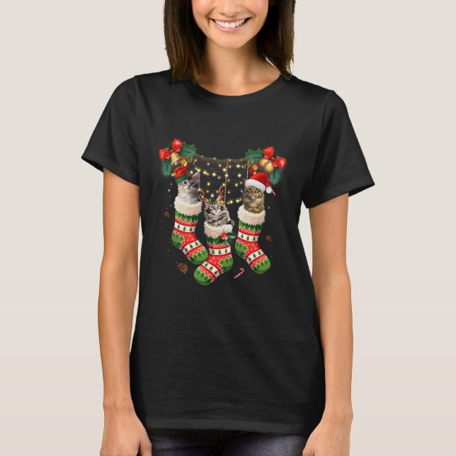 Maine Coons In Christmas Sock Funny T-Shirt (Front)