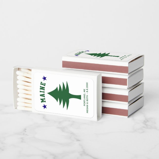 Maine Flag Tree Star Wedding Favor Custom Text Matchboxes (Stacked)