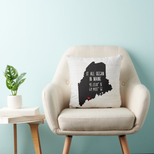 Maine GPS Coordinates with Heart Throw Pillow