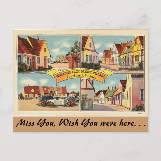 Maine, Greetings from Danish Village Postcard (Front)