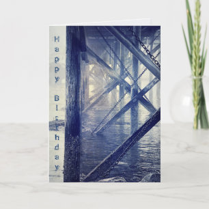 Maine Harbor Docks Rustic Blue Birthday Card