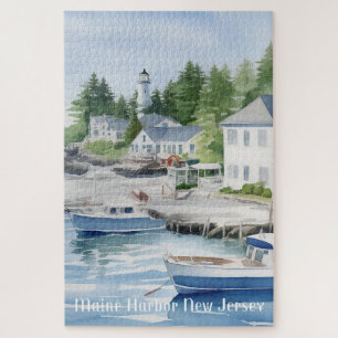 Maine Harbor New Jersey Watercolor Art Jigsaw Puzzle