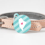 Maine Heart Pet ID Tag<br><div class="desc">Let your furry friend show some home state pride with this cute Maine ID tag. Design features a white silhouette map of the state of Maine with a pink heart inside, on a tone on tone turquoise stripe background. Add your pet's name and contact information to the back in white...</div>