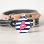 Maine Heart Pet ID Tag<br><div class="desc">Let your furry friend show some home state pride with this cute Maine ID tag. Design features a white silhouette map of the state of Maine in pink with a white heart inside, on a preppy navy blue and white stripe background. Add your pet's name and contact information to the...</div>